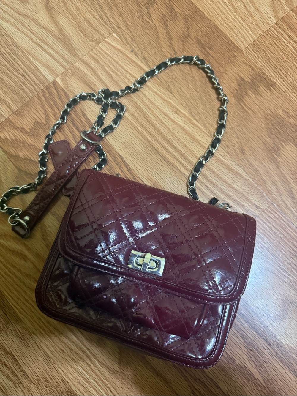 Zara Quilted Patent Leather Crossbody - Burgundy with Gold Chain